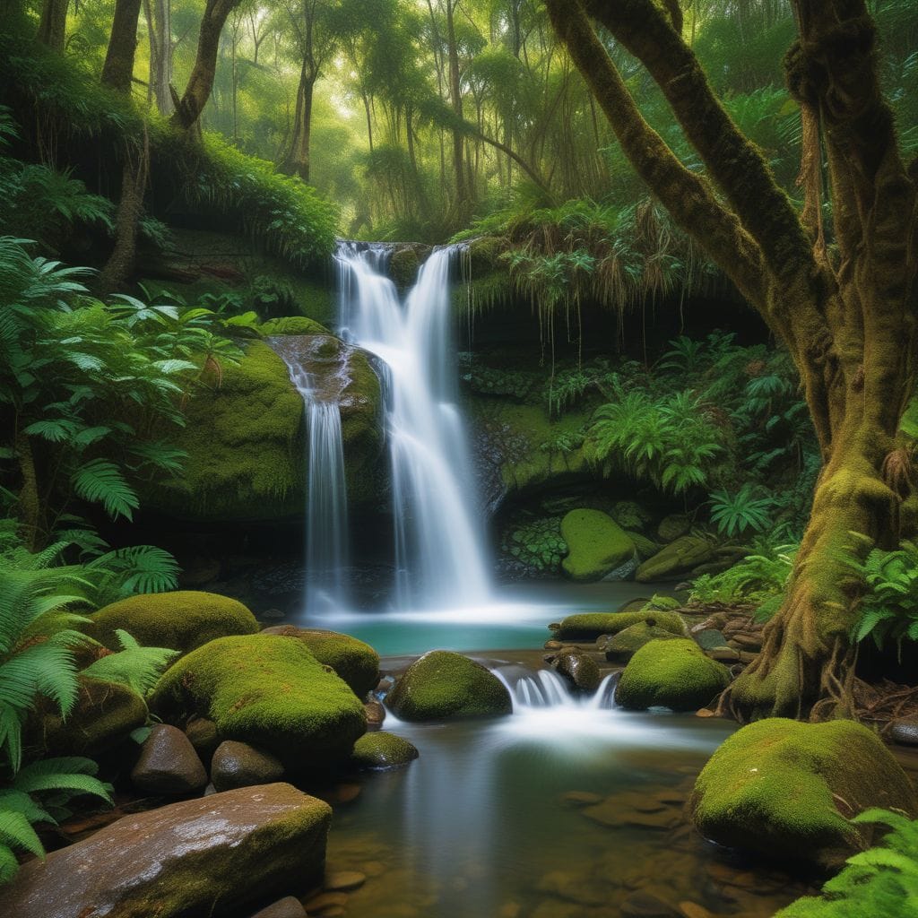 Realistic high-resolution photograph of Folly Dolly Falls surrounded by lush greenery and tropical rainforest on a bright, partly cloudy morning