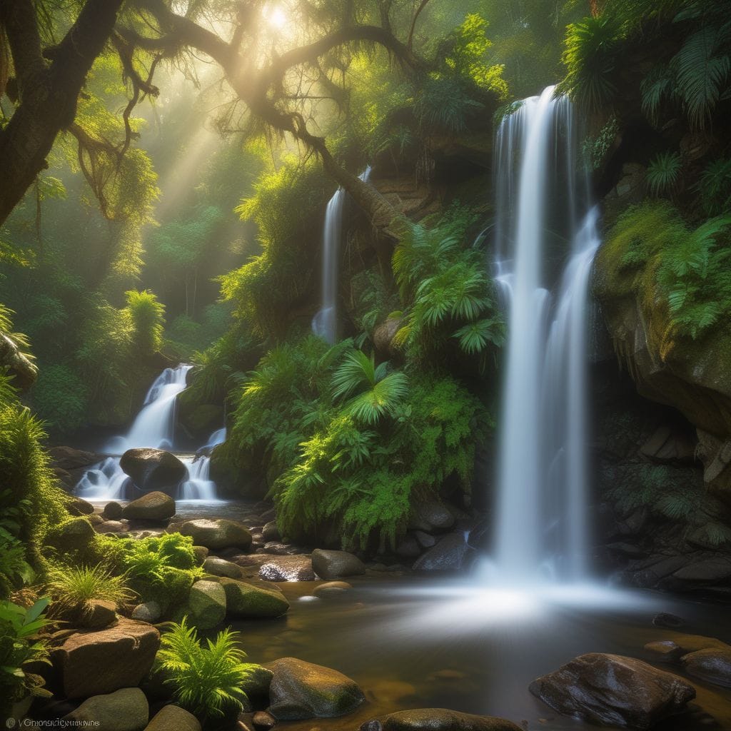 Realistic photo of Folly Dolly Falls in Trinidad during dawn, showcasing lush greenery, cascading waterfall, and tropical rainforest ambiance