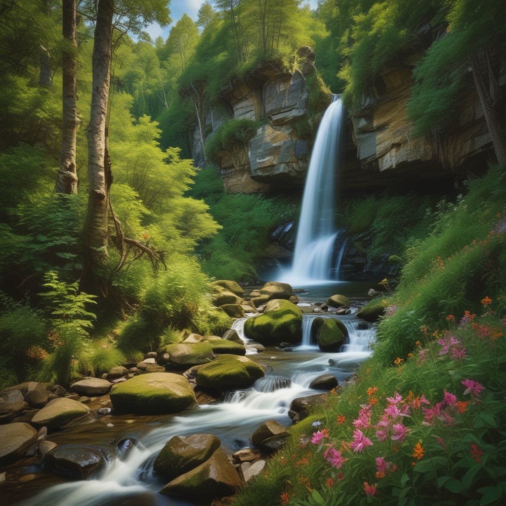 Realistic high-resolution photo of Folly Dolly Falls with vibrant wildflowers and lush greenery under bright spring sunlight