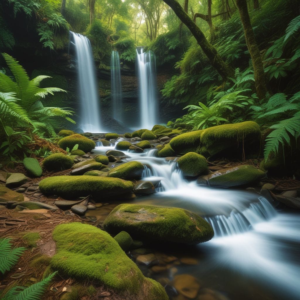 Serene view of Folly Dolly Falls in Trinidad with lush greenery, cascading water, tropical jungle, captured in high detail